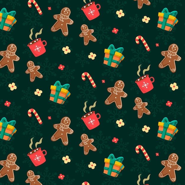 Diseño plano de patrones navideños con regalos y hombre de jengibre.