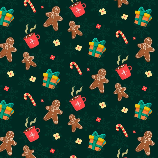 Diseño plano de patrones navideños con regalos y hombre de jengibre.