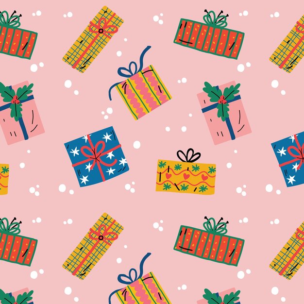 Diseño plano de patrones navideños con regalos.