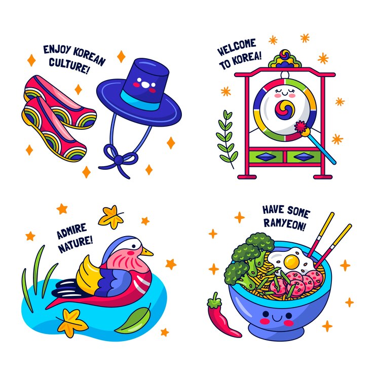 Vector gratuito diseño plano de pegatinas de la cultura de corea.