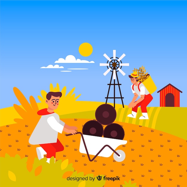 Vector gratuito diseño plano personajes de trabajo campo agrícola