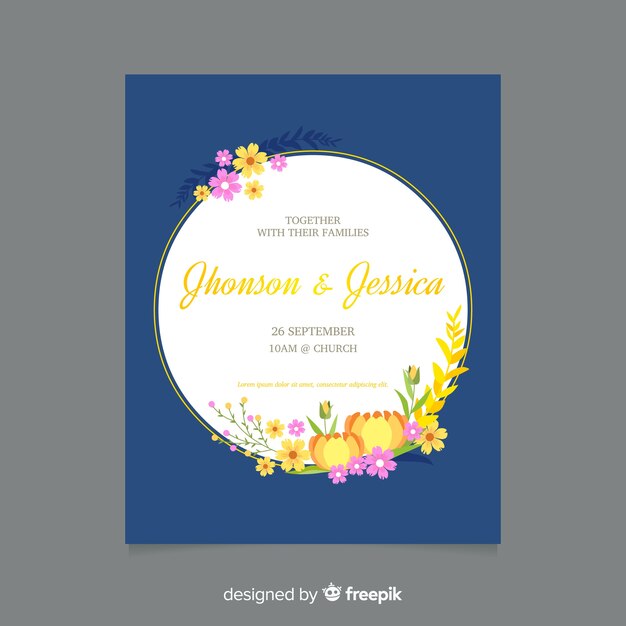 Diseño plano de plantilla de invitación de boda floral