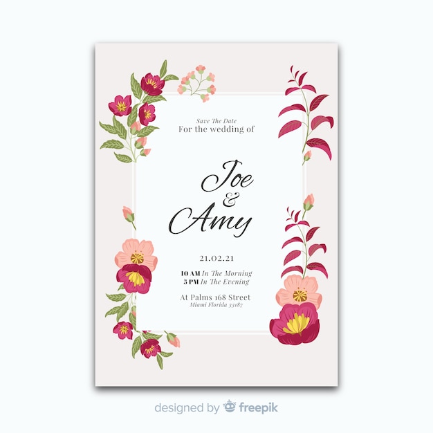 Vector gratuito diseño plano de plantilla de invitación de boda loral