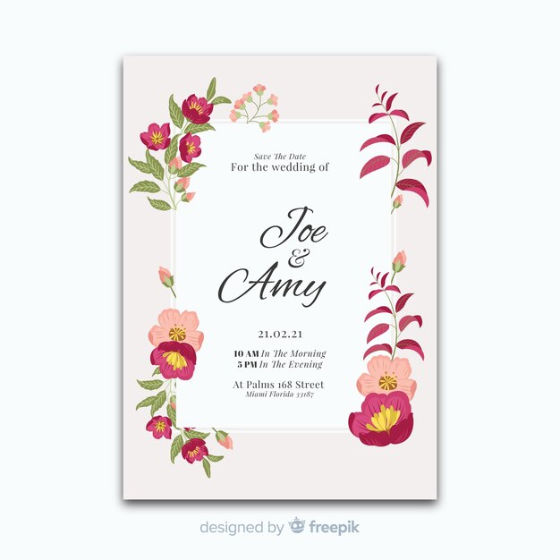 Diseño plano de plantilla de invitación de boda loral