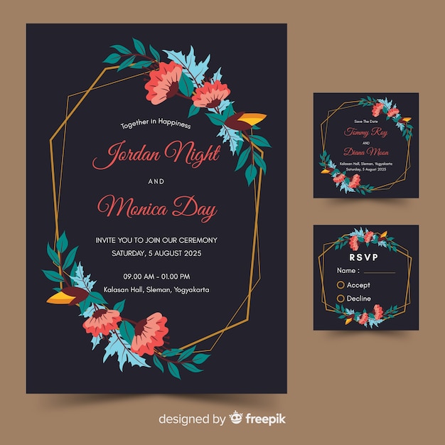 Diseño plano de plantilla de invitación de boda