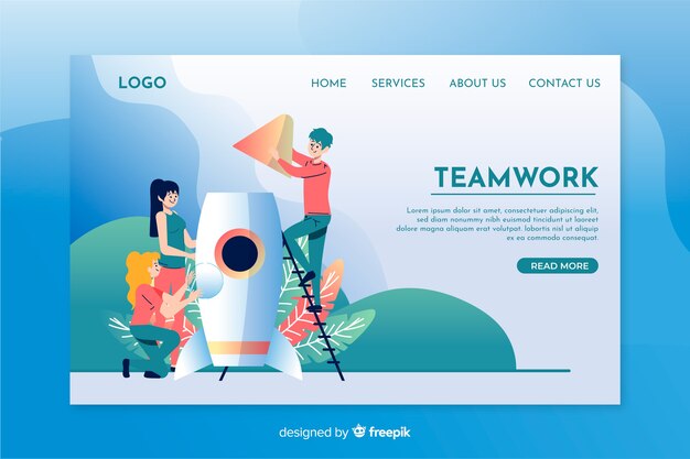 Diseño plano de plantilla de página de destino de trabajo en equipo