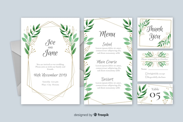 Diseño plano de plantilla de papelería de boda