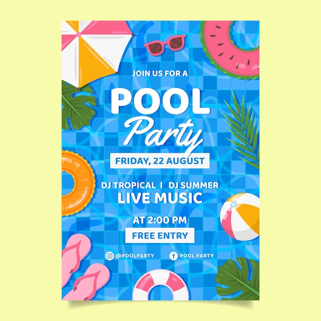 Diseño plano de plantilla de póster de fiesta en la piscina