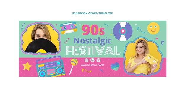 Diseño plano portada de facebook del festival de música de los 90
