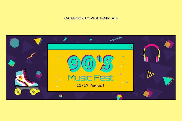 Diseño plano portada de facebook del festival de música nostálgica de los 90