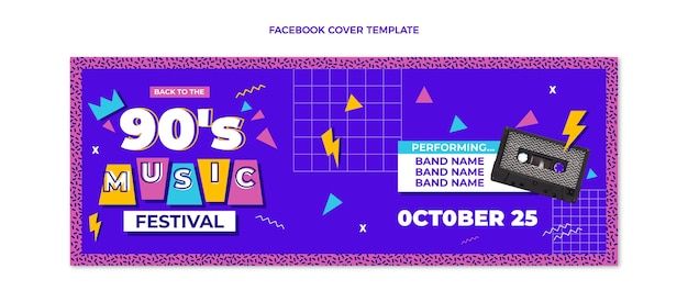 Diseño plano portada de facebook del festival de música nostálgica de los 90