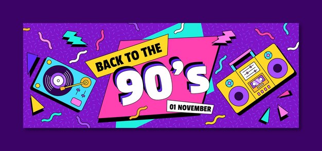 Diseño plano portada de facebook del festival de música nostálgica de los 90