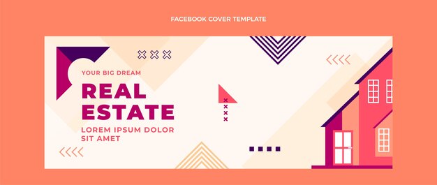 Diseño plano de portada de facebook inmobiliaria geométrica.