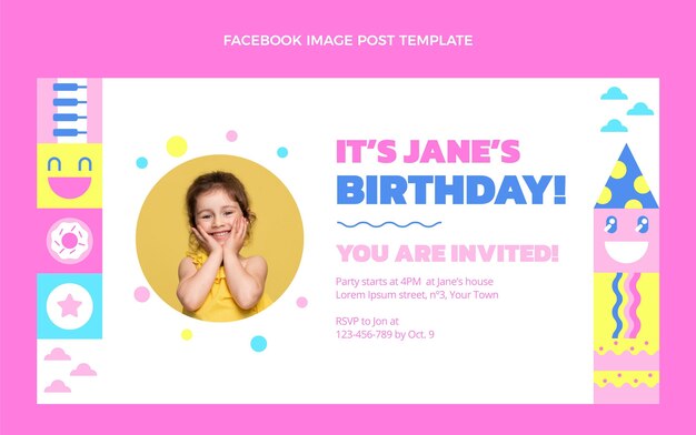 Diseño plano de publicación de facebook de cumpleaños de mosaico