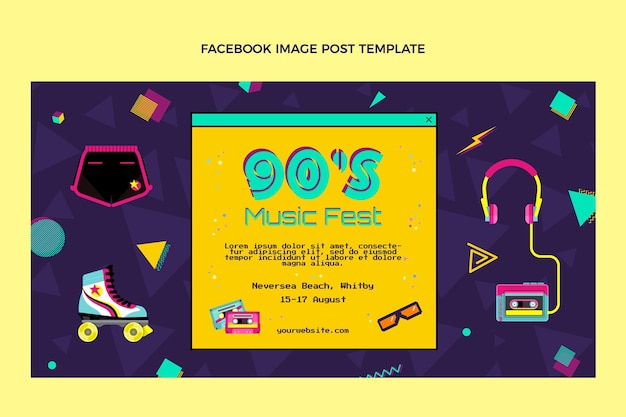 Vector gratuito diseño plano publicación de facebook del festival de música nostálgica de los 90