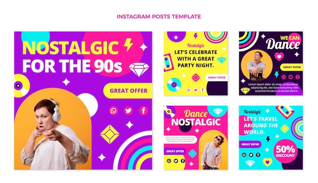 Diseño plano publicación de instagram del festival de música de los 90