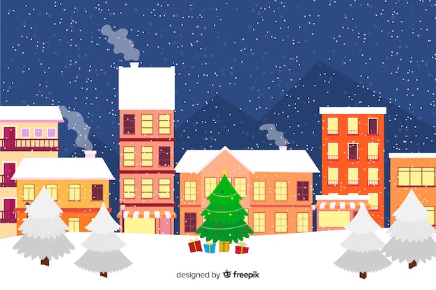 Vector gratuito diseño plano de pueblo de navidad