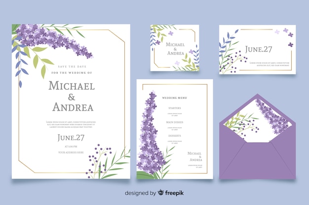 Vector gratuito diseño plano púrpura de plantilla de papelería de boda