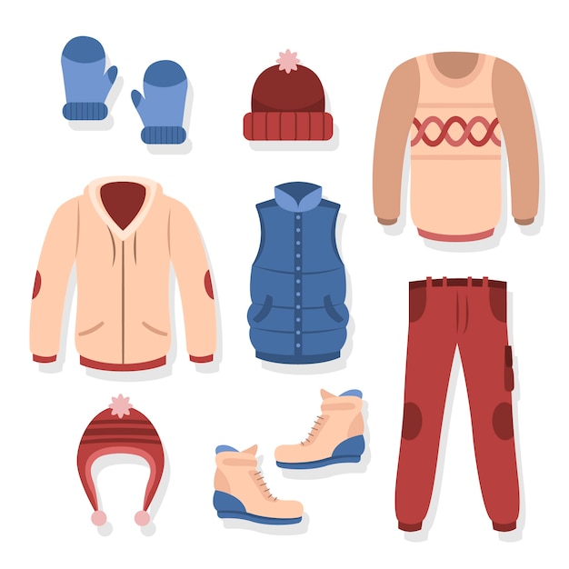 Diseño plano de ropa de abrigo de invierno.