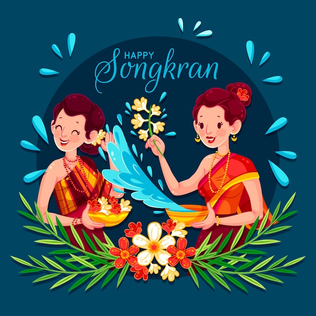 Diseño plano songkran mujeres jugando con agua