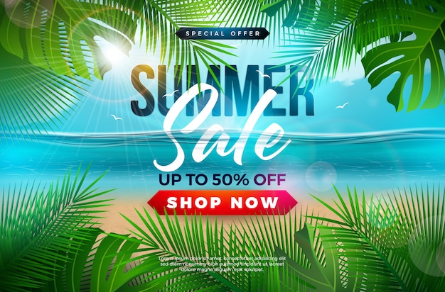 Diseño de plantilla de banner de venta de verano con hojas de palma y paisaje de océano azul