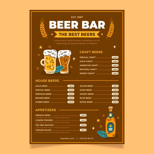 Diseño de plantilla de barra de cerveza dibujada a mano