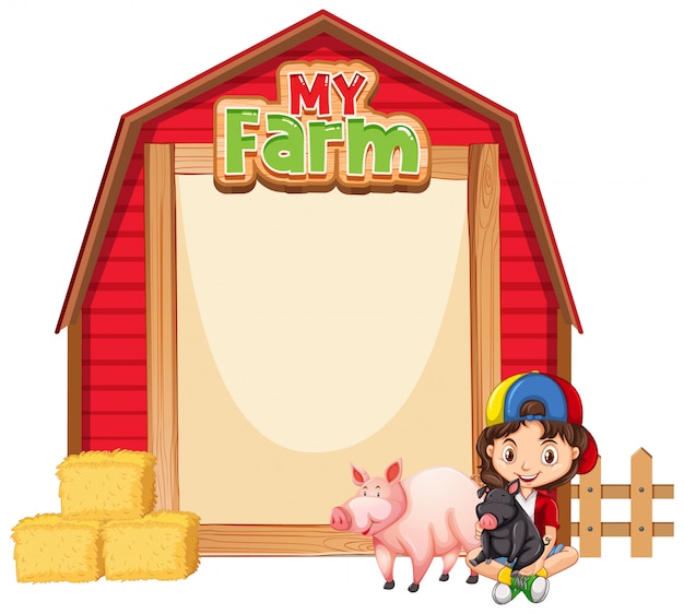 Diseño de plantilla de borde con niña y animales de granja