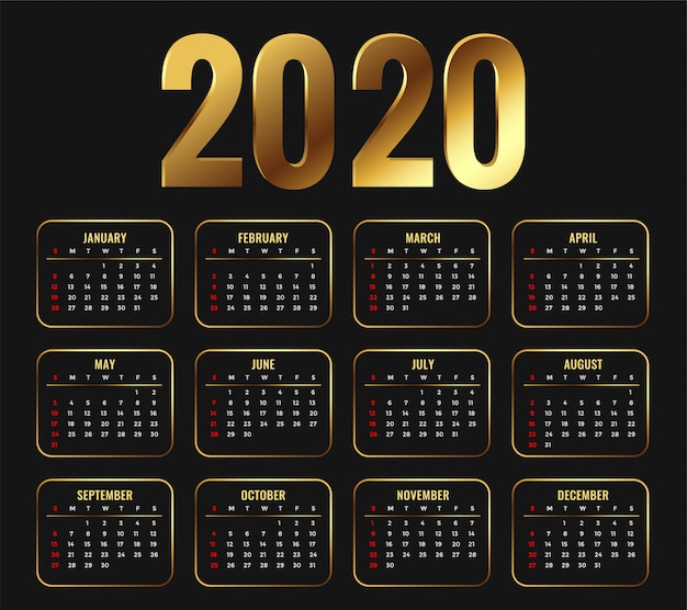Vector gratuito diseño de plantilla de calendario dorado atractivo 2020