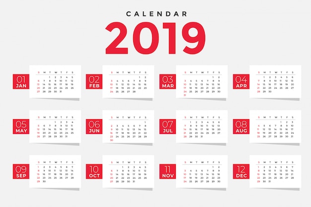 Diseño de plantilla de calendario limpio 2019