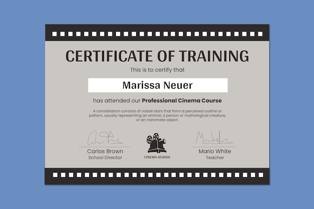 Diseño de plantilla de certificado de curso de formación de cine