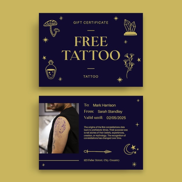 Vector gratuito diseño de plantilla de certificado de regalo de tatuaje