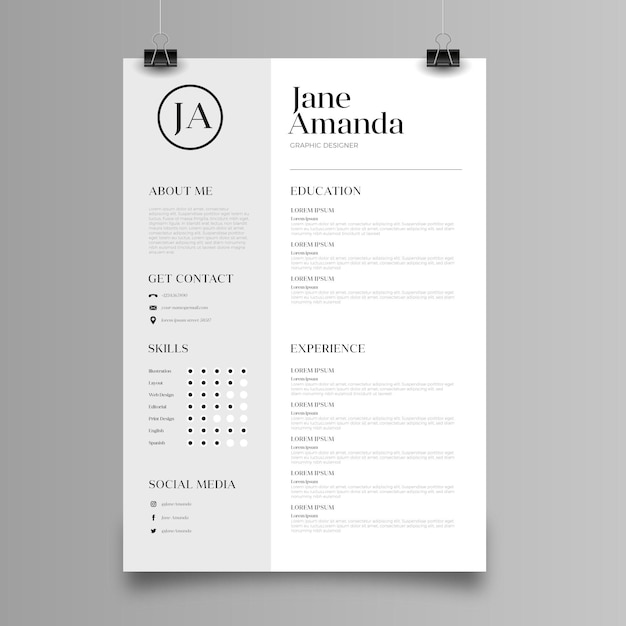 Vector gratuito diseño de plantilla de cv minimalista