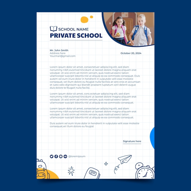 Diseño de plantilla de escuela privada dibujada a mano
