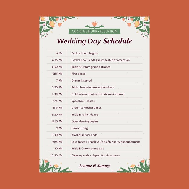 Diseño de la plantilla del horario del día de la boda