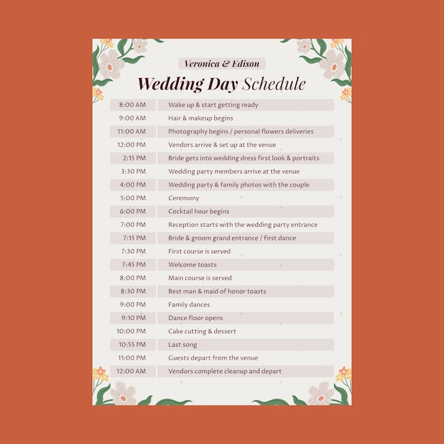 Vector gratuito diseño de la plantilla del horario del día de la boda