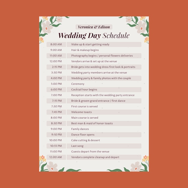 Diseño de la plantilla del horario del día de la boda