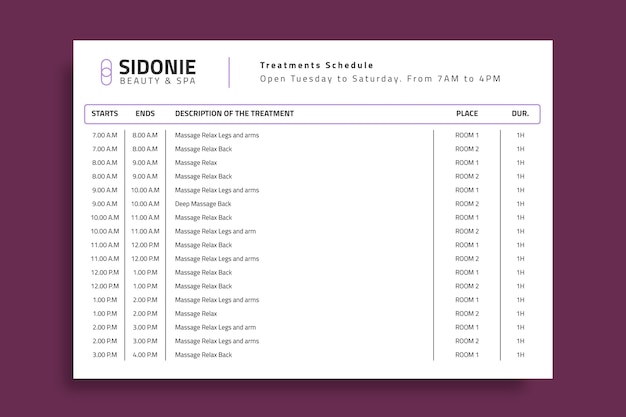 Diseño de plantilla de horario de spa