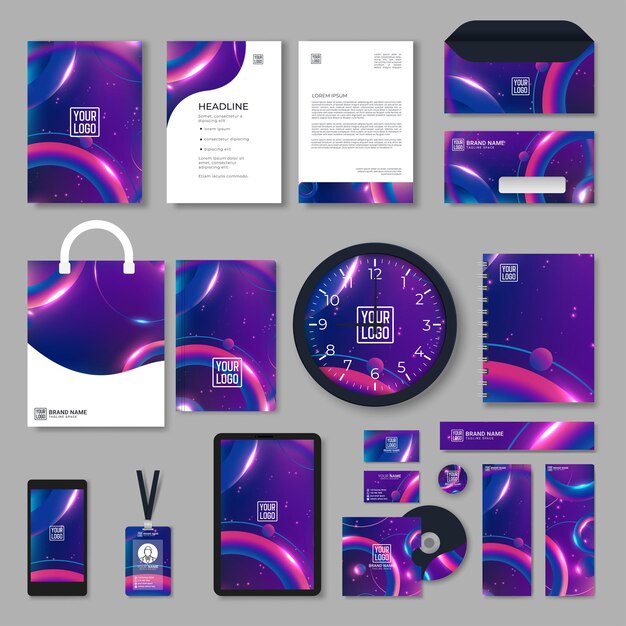 Diseño de plantilla de identidad corporativa púrpura con elementos geométricos de color. Papelería comercial