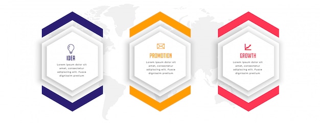 Diseño de plantilla de infografía empresarial hexagonal de tres pasos