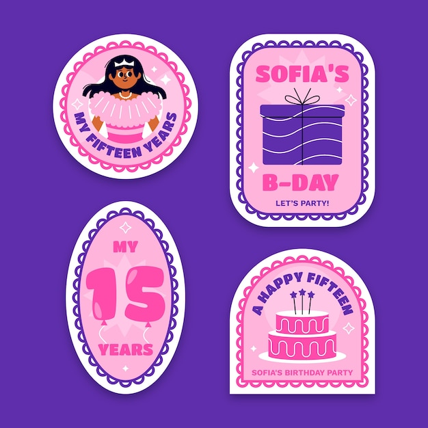 Vector gratuito diseño de plantilla de insignias de quinceañera de diseño plano