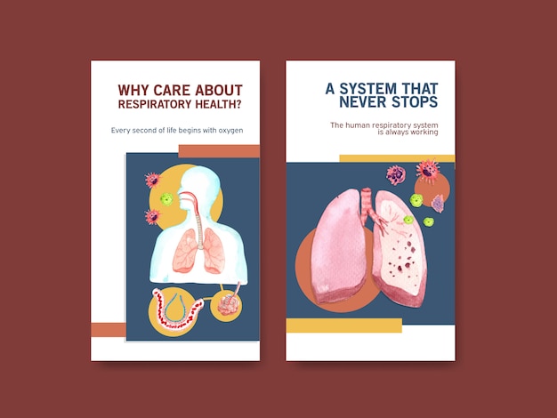 Vector gratuito diseño de plantilla de instagram respiratorio con anatomía humana de pulmón y cuidado saludable