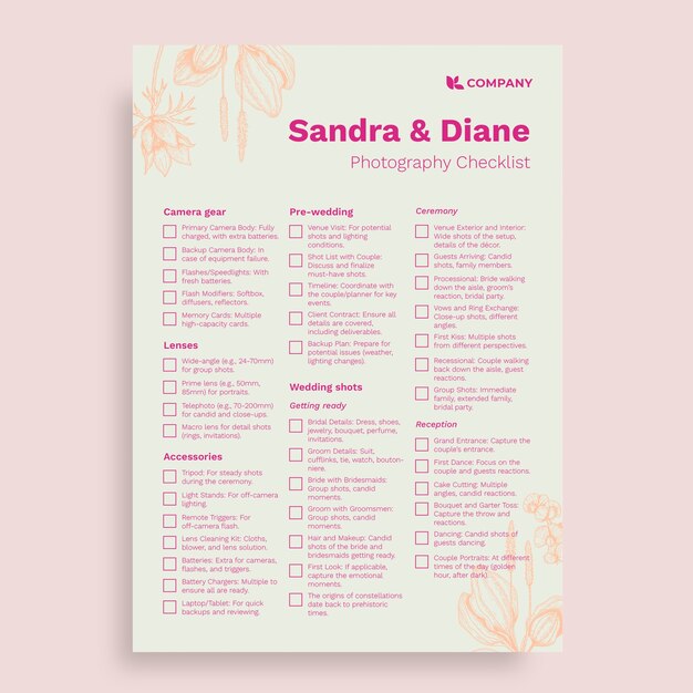 Diseño de la plantilla de la lista de comprobación del fotógrafo