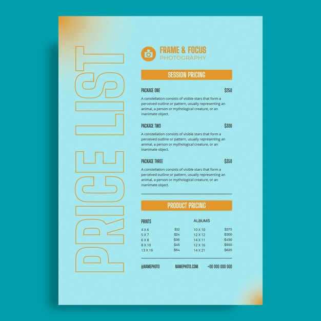 Diseño de plantilla de lista de precios de fotografía