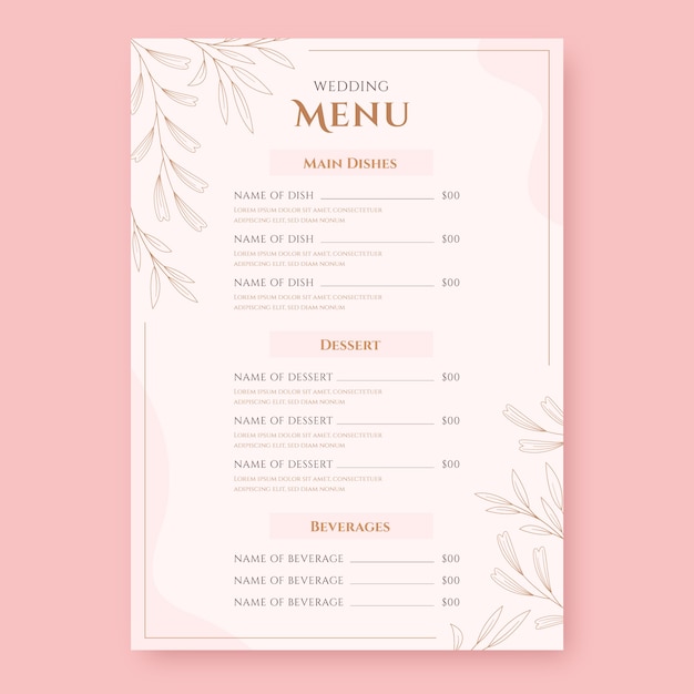 Diseño de plantilla de menú de boda