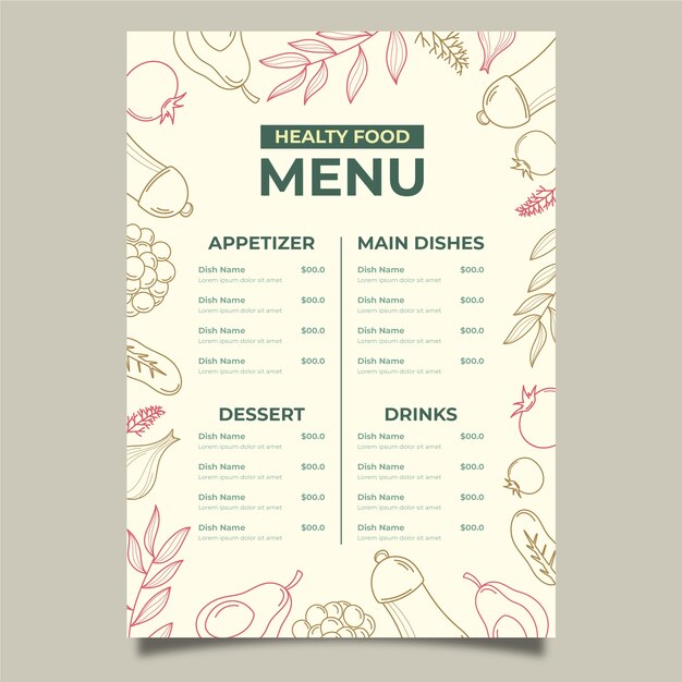 Diseño de plantilla de menú de comida sana vintage