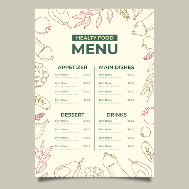 Diseño de plantilla de menú de comida sana vintage