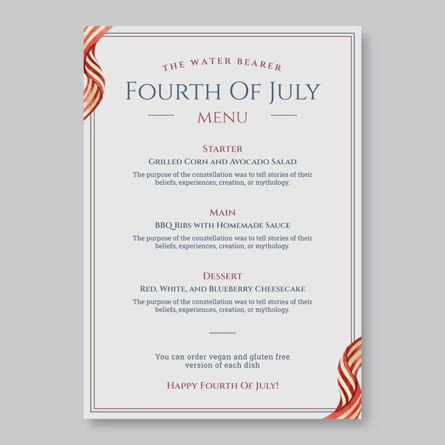 Diseño de plantilla de menú del cuatro de julio.