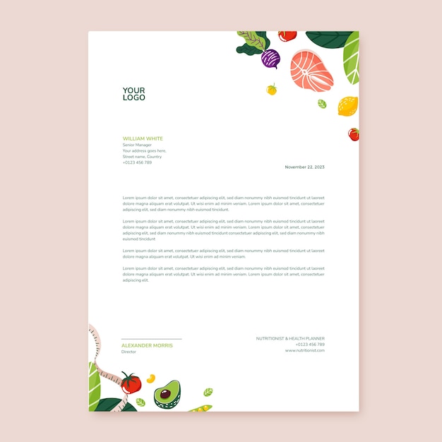 Diseño de plantilla de nutricionista dibujado a mano