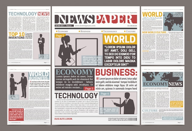 Diseño de plantilla de periódico con noticias financieras y publicidad plana de información