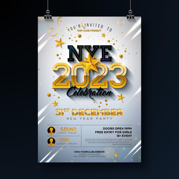 Vector gratuito diseño de plantilla de póster de celebración de fiesta de año nuevo 2023 con número de oro brillante sobre fondo claro